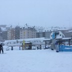 The base of the slopes on a snow day