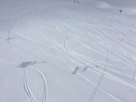 Admiring fresh tracks from the chairlift